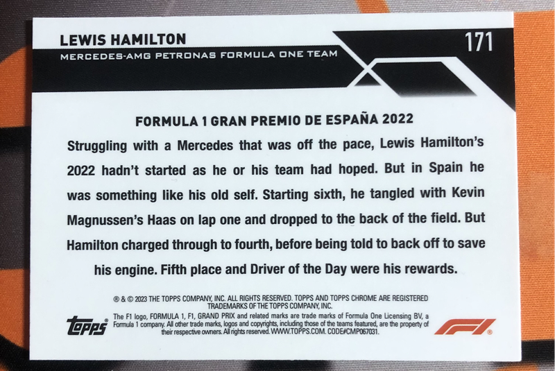 Lewis Hamilton RARE Formula One 2023 F1 Topps Chrome trading card