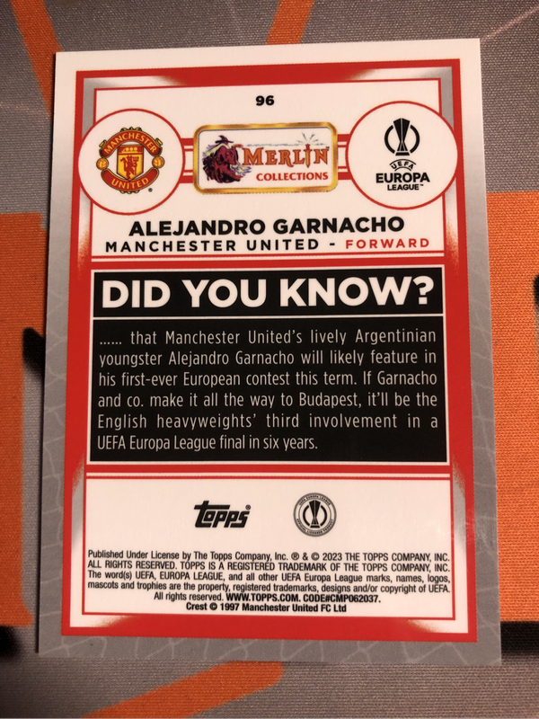 Garnacho ROOKIE NUMBERED out of 299 Topps Merlin 2023 Soccer trading card