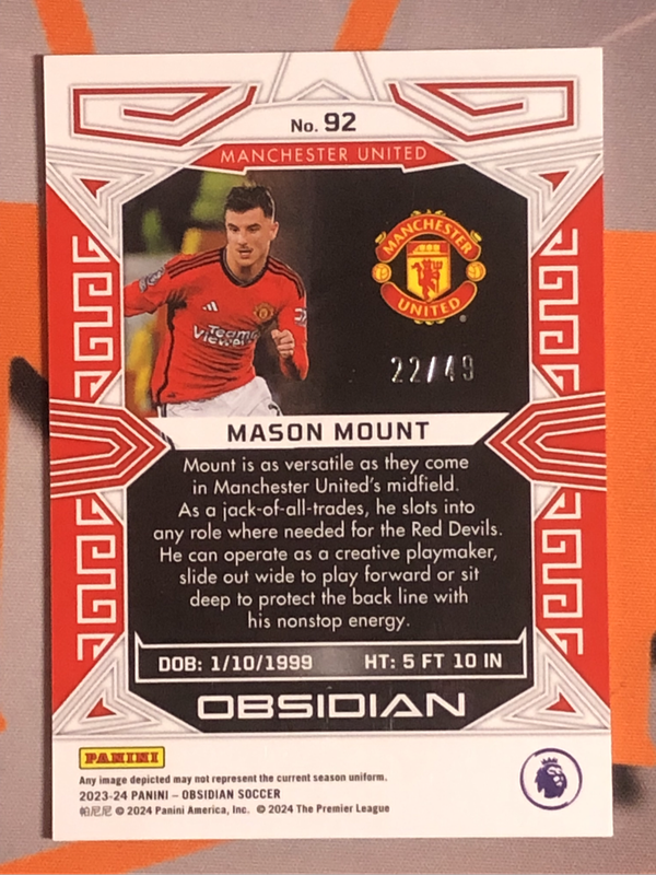 Mason Mount Obsidian NUMBERED out of 49 RARE colour match 2023 soccer trading card