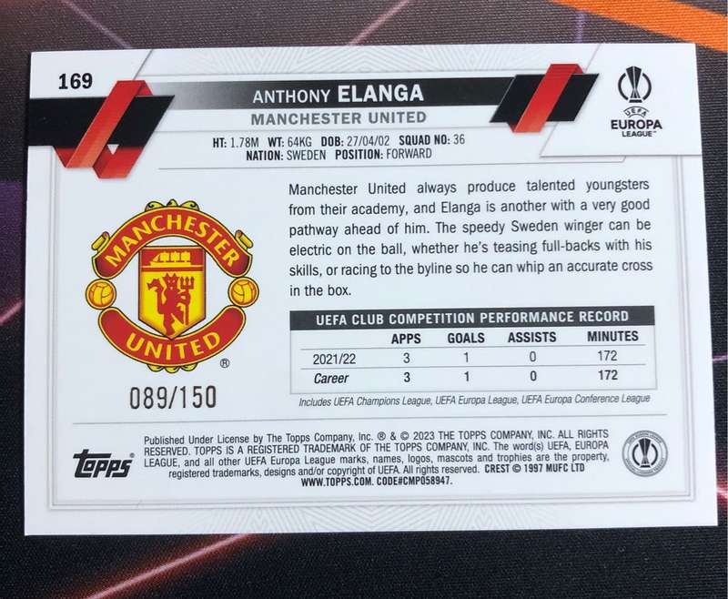 Anthony Elanga NUMBERED out of 150 Manchester United RED Colour match Topps 2023 Soccer trading card