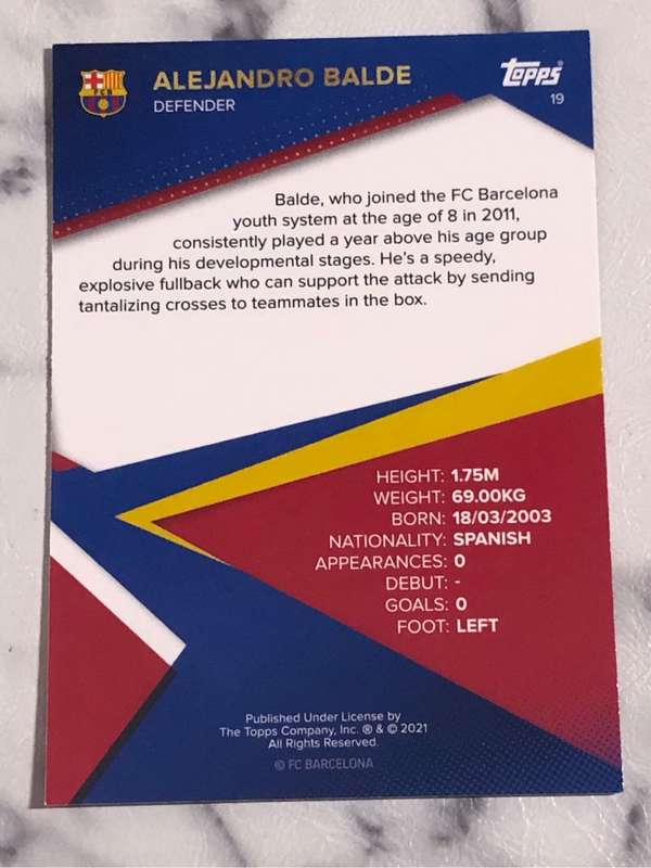 Alejandro Balde ROOKIE Barcelona team set TOPPS soccer trading card