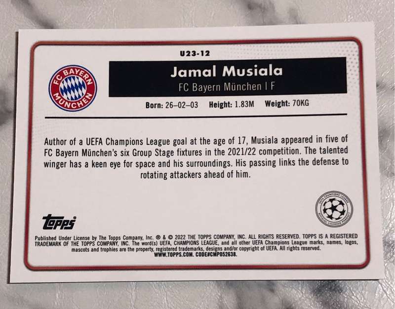 Jamal Musiala Topps Merlin 2022 Under 23 Stars Soccer trading card