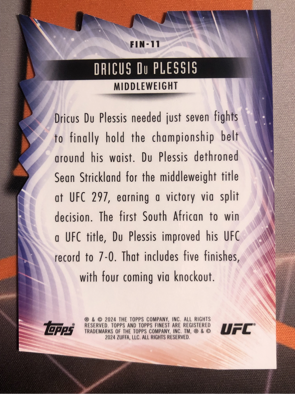 Dricus Du Plesis FINISHERS Numbered out of 75 RARE Die Cut Topps 2024 UFC trading card