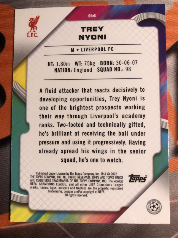 Trey Nyoni Rookie 18 year old NUMBERED out of 150 NEW Topps Finest 2025 soccer trading card
