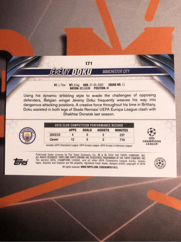 Jeremy Doku GREEN LAVA Topps Chrome 2024 soccer trading card