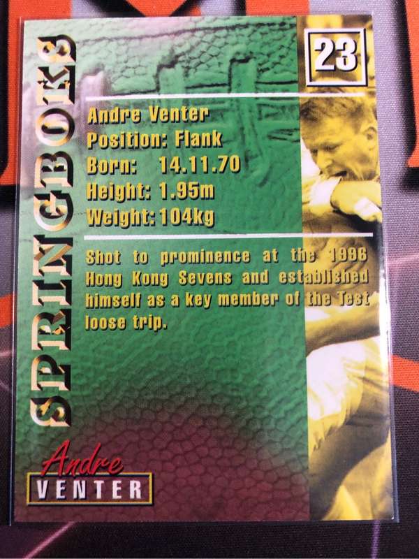 Andre Venter RARE Springbok 1997 Rugby trading card