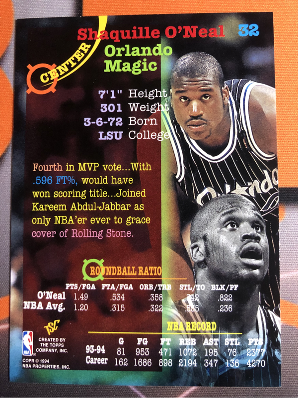 Shaquille Oneal Topps 1994 NBA basketball trading card