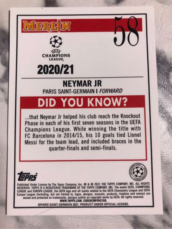 Neymar Jnr Topps Merlin 2021 Soccer trading card