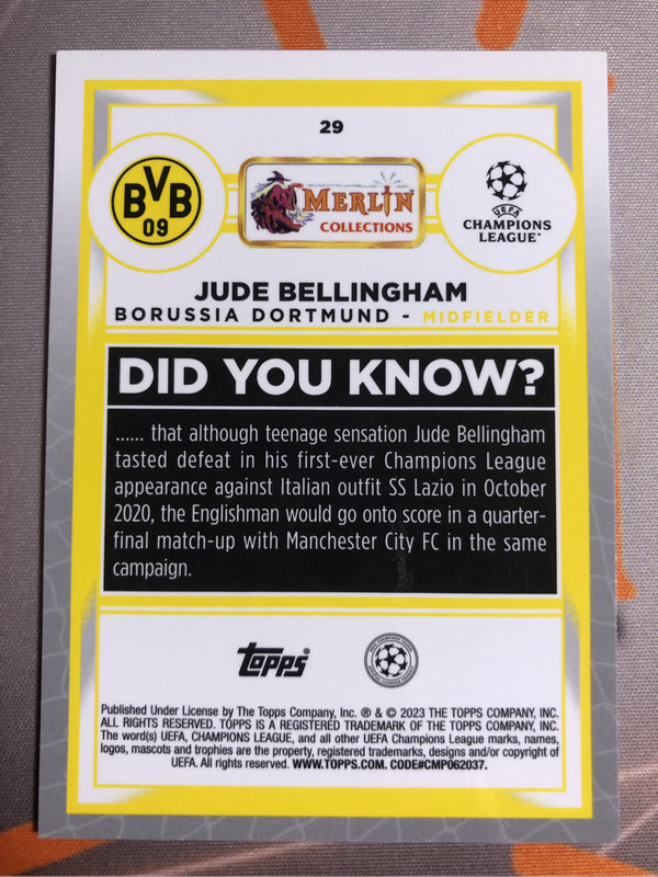 Jude Belingham RARE Aqua Prizm Topps Merlin 2022 soccer trading card