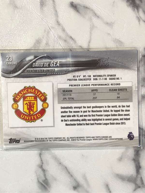 David De Gea English Premier League Topps chrome 2019 soccer trading card