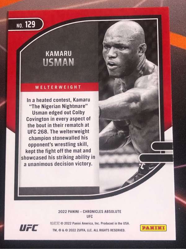 Kamaru Usman NUMBERED out of 99 Chronicles ABSOLUTE 2022 UFC trading card