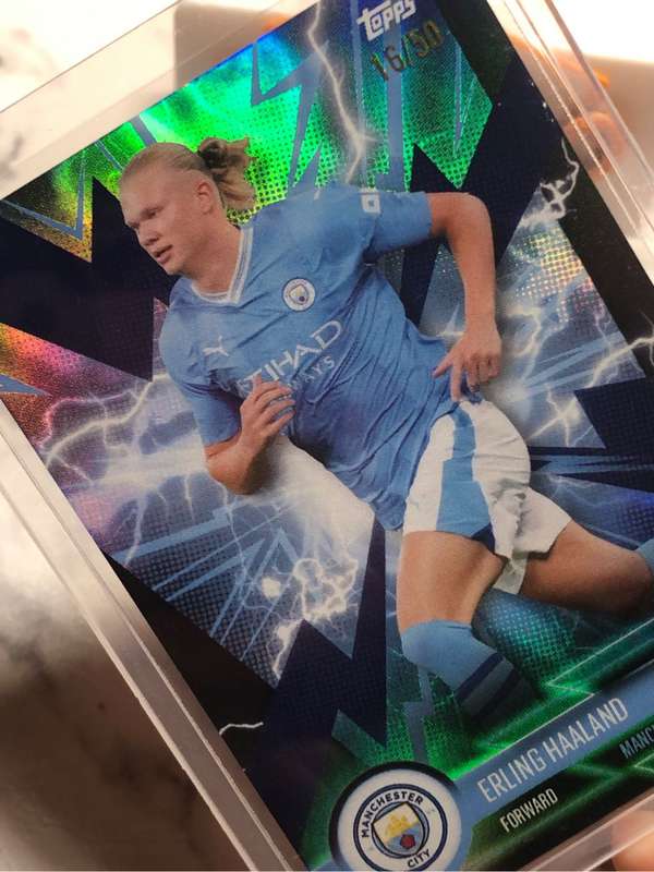Erling Haaland numbered OUT OF 50 Electric Blue Topps 2024 Manchester City team set soccer card