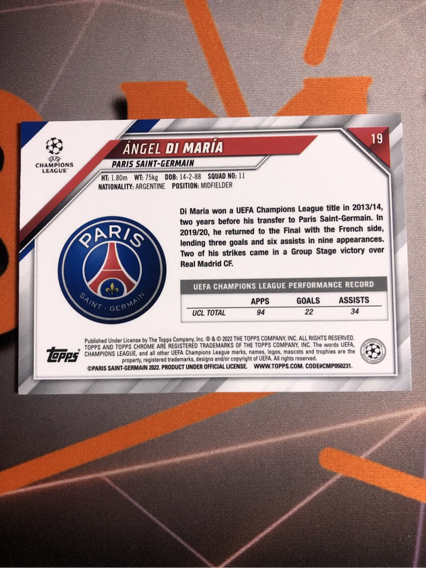 Angel Di Maria Topps chrome 2022 soccer trading card