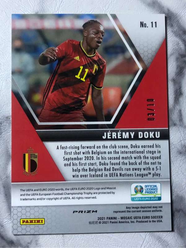 Jeremy Doku ROOKIE Numbered out of 10 2020 Mosaic GOLD circles soccer trading card