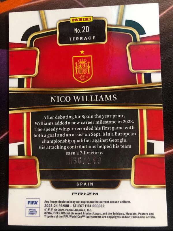 Nico Williams NUMBERED out of 149 RED Colour match Select Soccer trading card