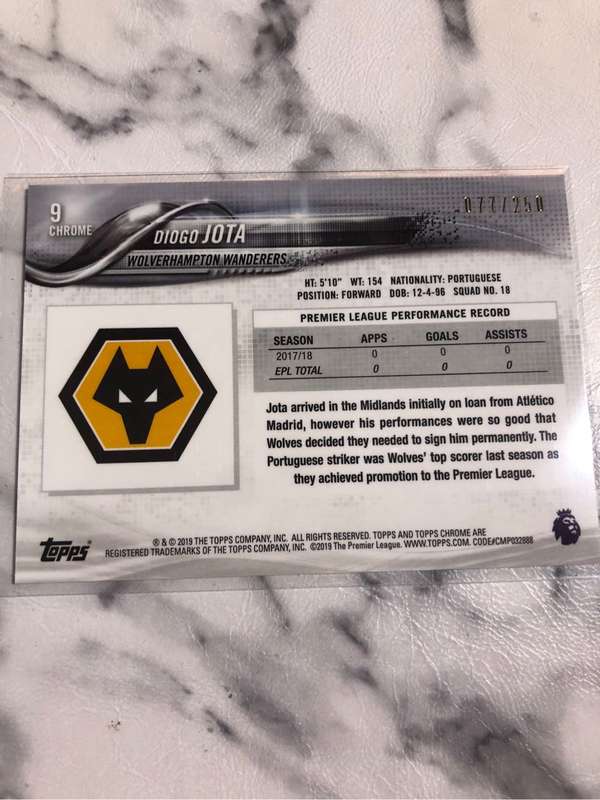Diogo Jota ROOKIE Numbered out of 150 EPL Topps chrome 2019 soccer trading card