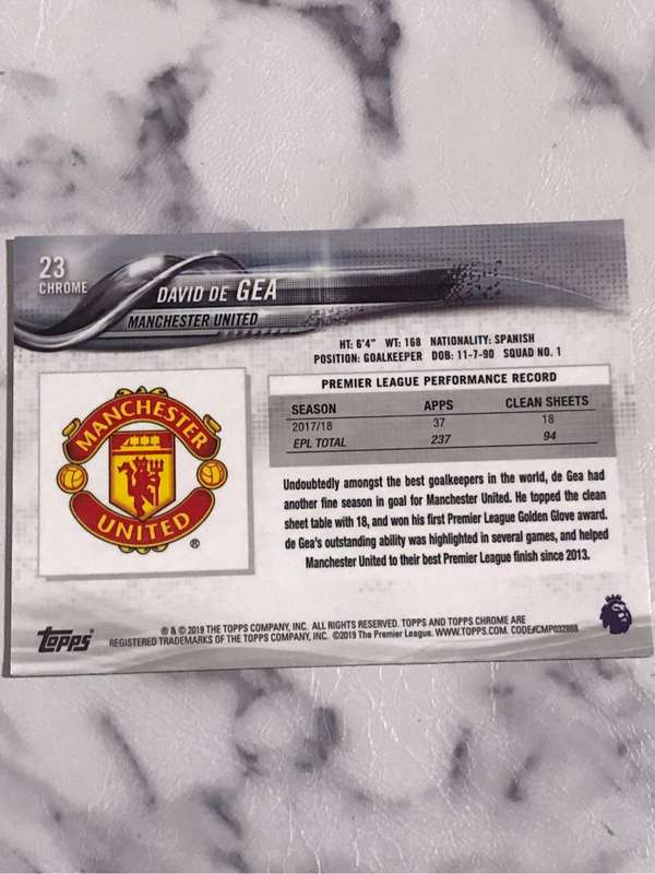 David De Gea Topps Chrome EPL 2019 soccer trading card