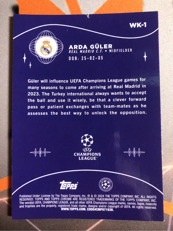 Arder Guler Refractor WONDERKIDS Topps Chrome Soccer trading card