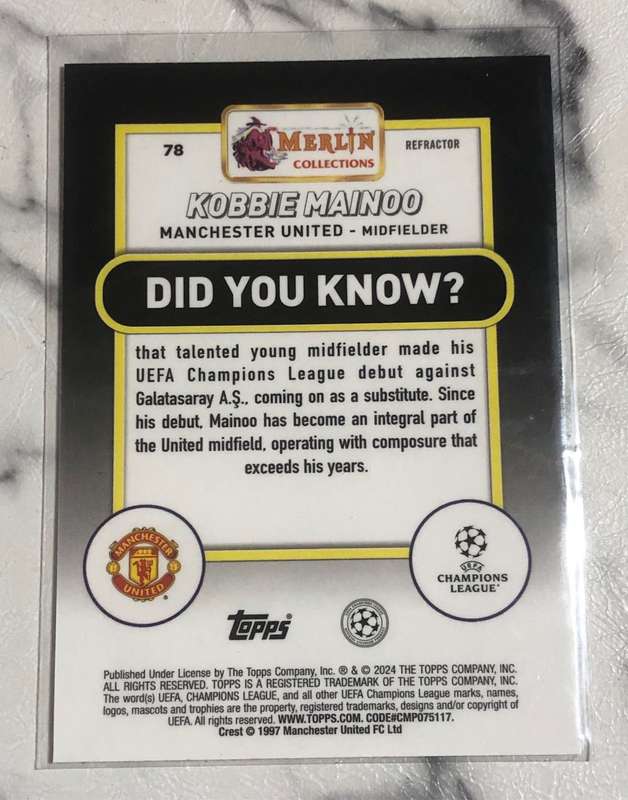 Kobbie Mainoo Topps Merlin REFRACTOR 2024 Man United soccer trading card