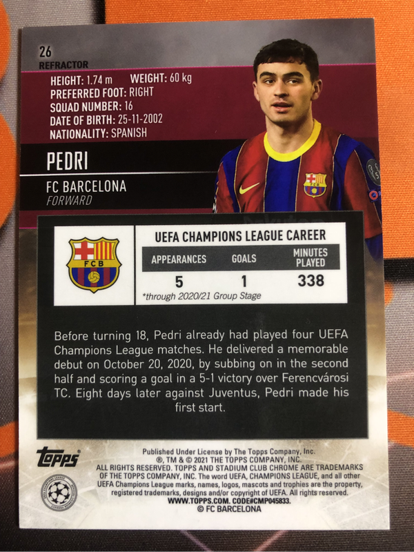 Pedri ROOKIE Refractor 2020 Topps soccer trading card