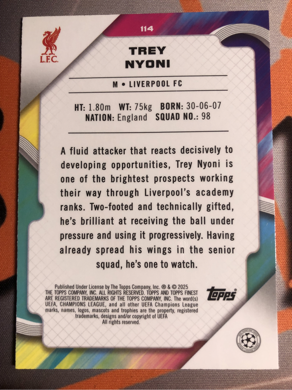Trey Nyoni Rookie 18 year old NUMBERED out of 275 NEW Topps Finest 2025 soccer trading card
