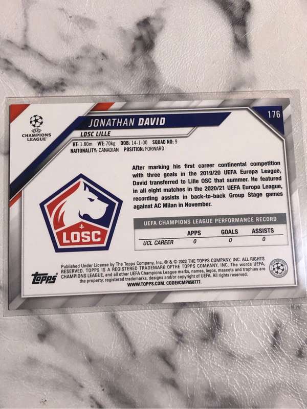 Jonathan David ROOKIE Topps Jade edition 2022 Soccer trading card