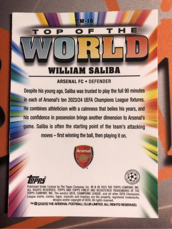 William Saliba Arsenal REFRACTOR NEW Topps Finest 2025 soccer trading card