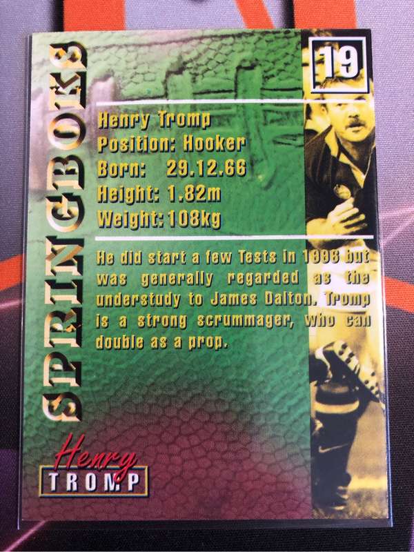 Henry Tromp RARE Springbok 1997 Rugby trading card