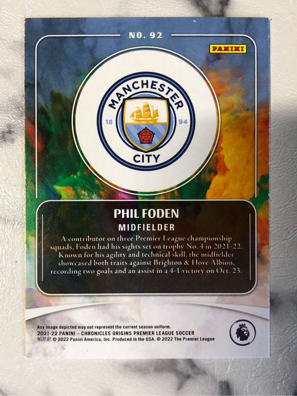 Phil Foden ORIGINS Chronicles 2021-2022 soccer trading card