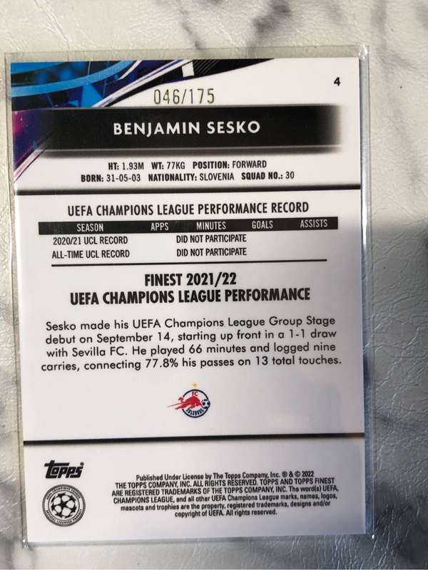 Benjamin Sesko Rookie NUMBERED out of 175 speckle Topps Finest 2022 soccer trading card
