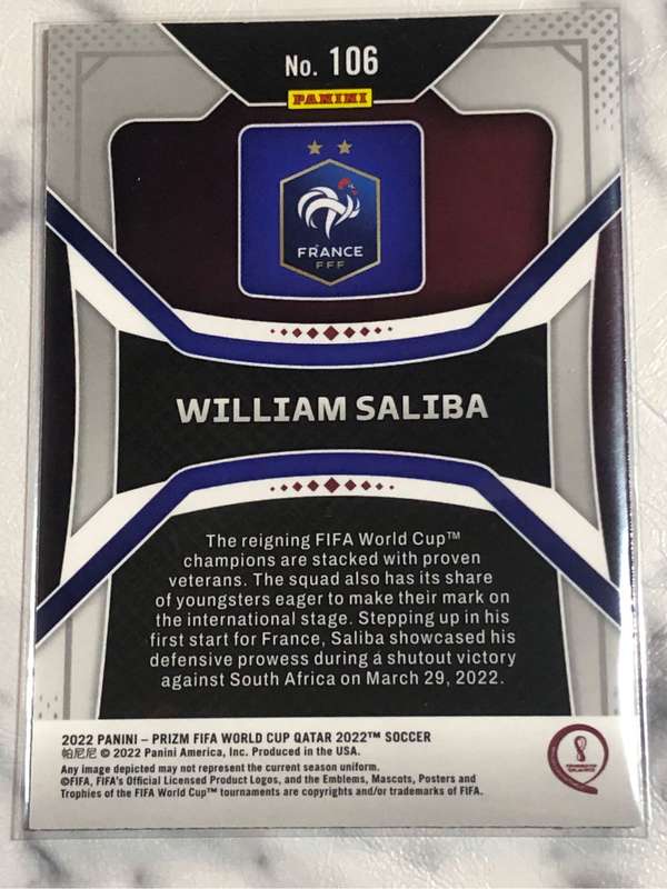 William Saliba ROOKIE World Cup Prizm 2022 Soccer trading card