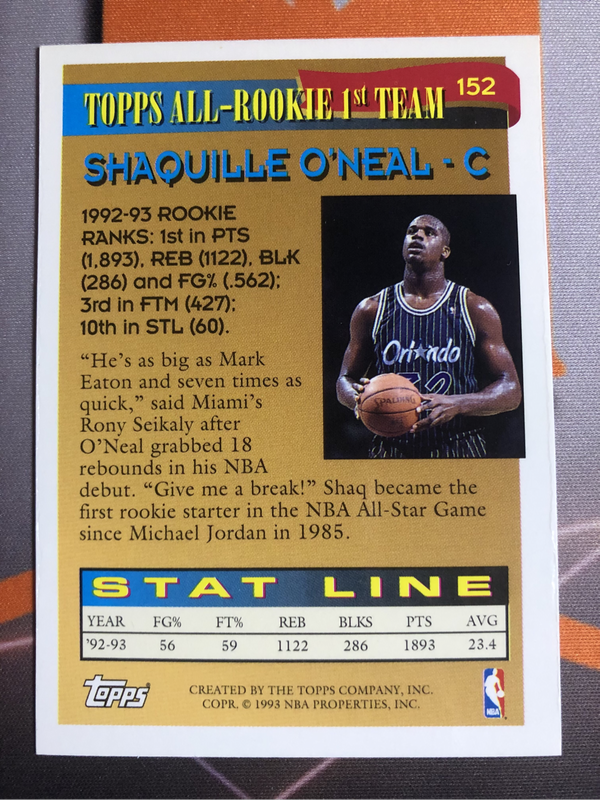 Shaquille Oneal Topps All star Rookie team 1993 NBA basketball trading card