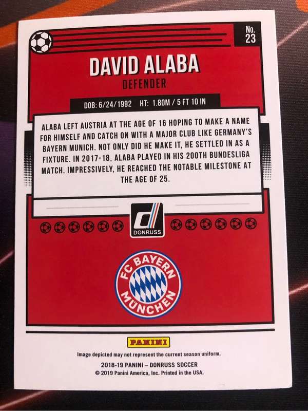 David Alaba RARE 2018 Donruss Soccer trading card