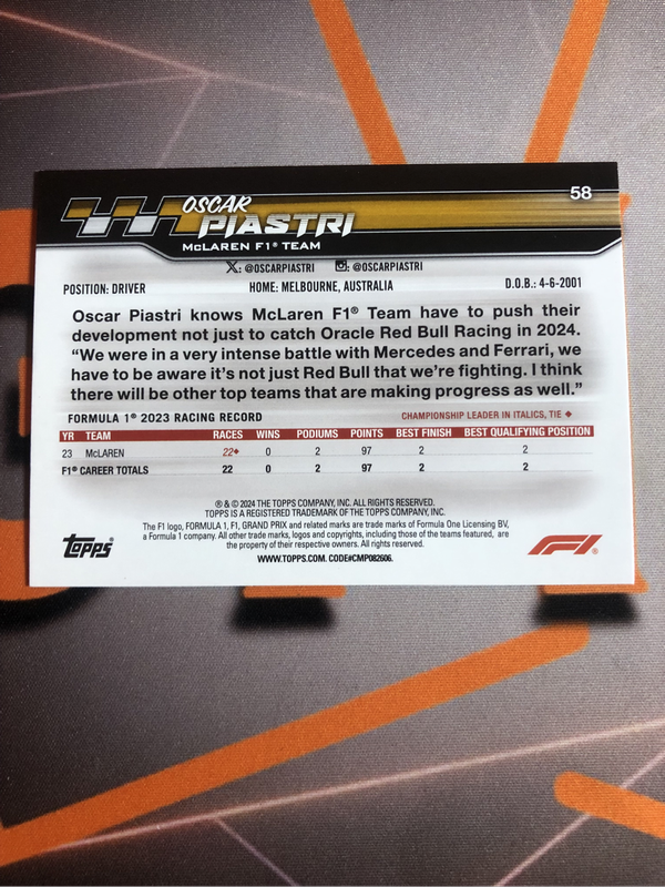 Oscar Piastri RARE Red Parralel Formula One 2024 F1 Topps trading card