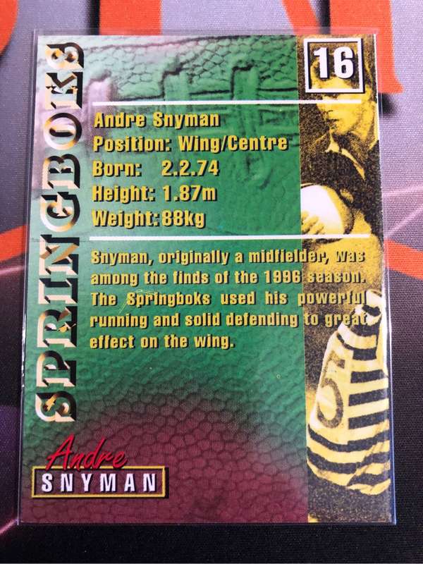 Andre Snyman m RARE Springbok 1997 Rugby trading card