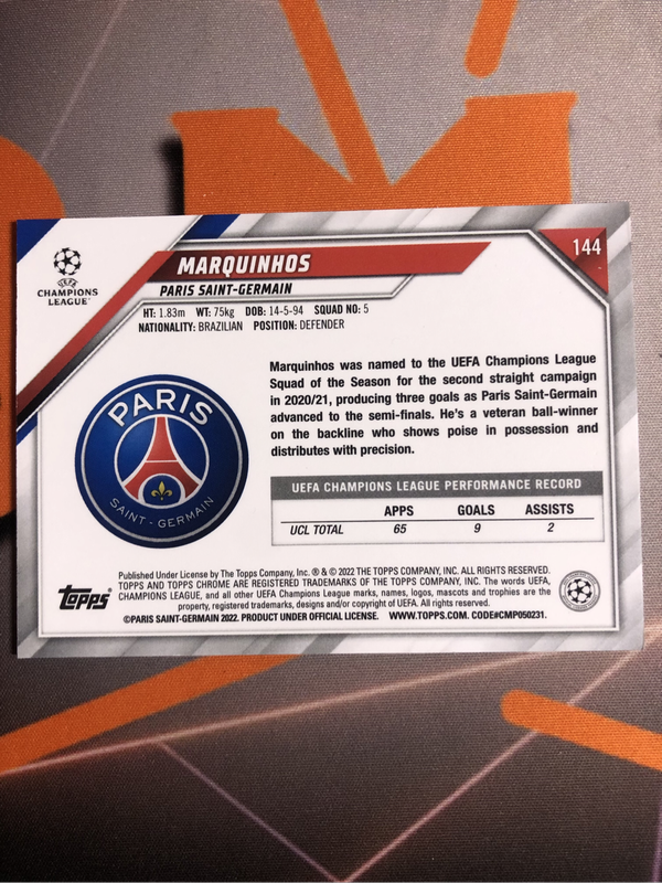 Marquinhos Topps chrome 2022 soccer trading card