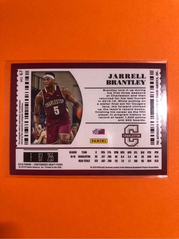 2019 Contenders Draft JARRELL BRANTLEY AUTO out of 23 RC #67 Charleston Basketball trading card