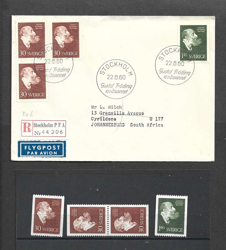 Sweden, registered air, Gustaf Froding (poet)STOCKHOLM 22.8.60 c.d.s. (1st day)> Johannesburg