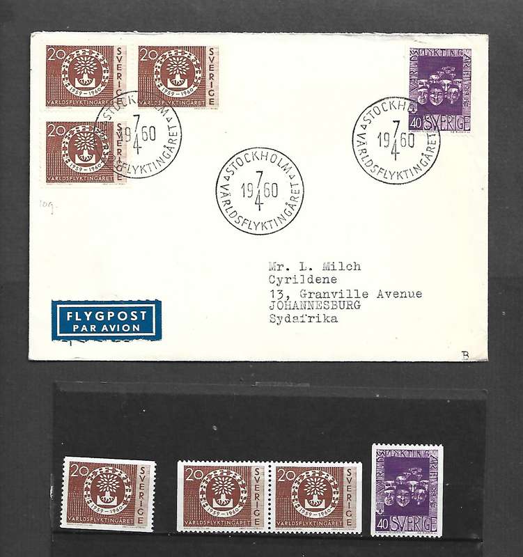 Sweden, air, World Refugee Year, STOCKHOLM 7.4.60 c.d.s. (1st day)> Johannesburg
