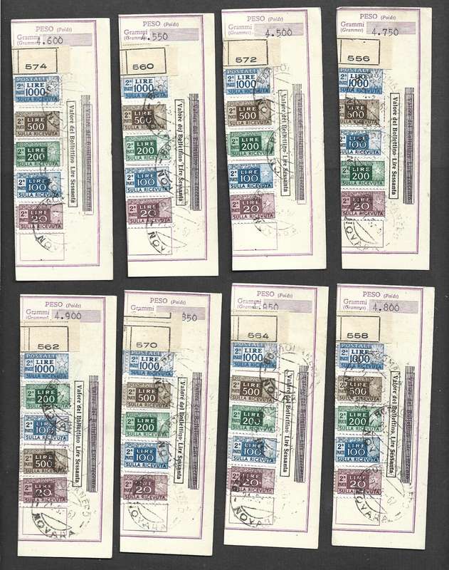 Italy, parcel post, RICEVUTA fragments 1960s, ZA recipient, same franking, different dates & mass