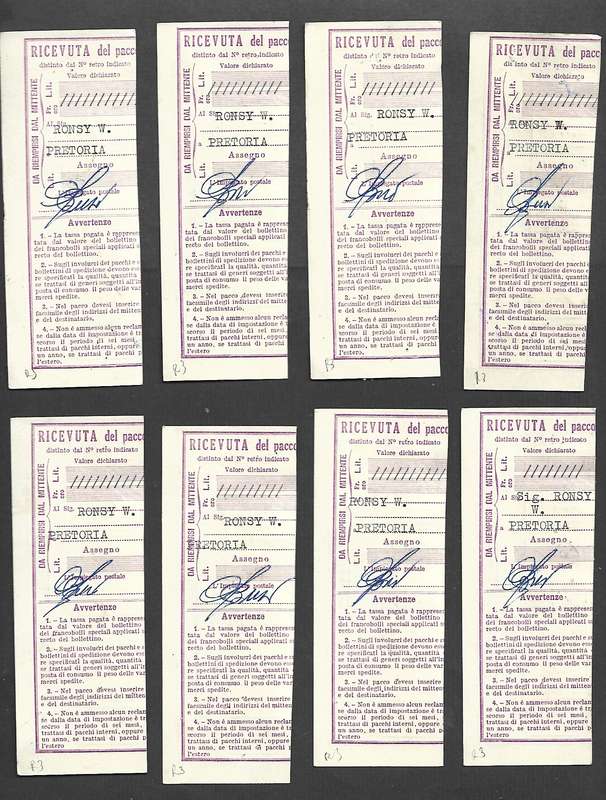Italy, parcel post, RICEVUTA fragments 1960s, ZA recipient, same franking, different dates & mass