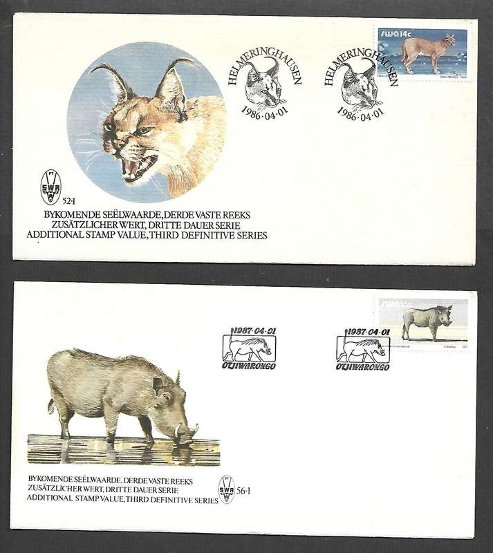 South West Africa, new definitives, 1986 14c caracal cat, 1987 16c warthog First Day Covers