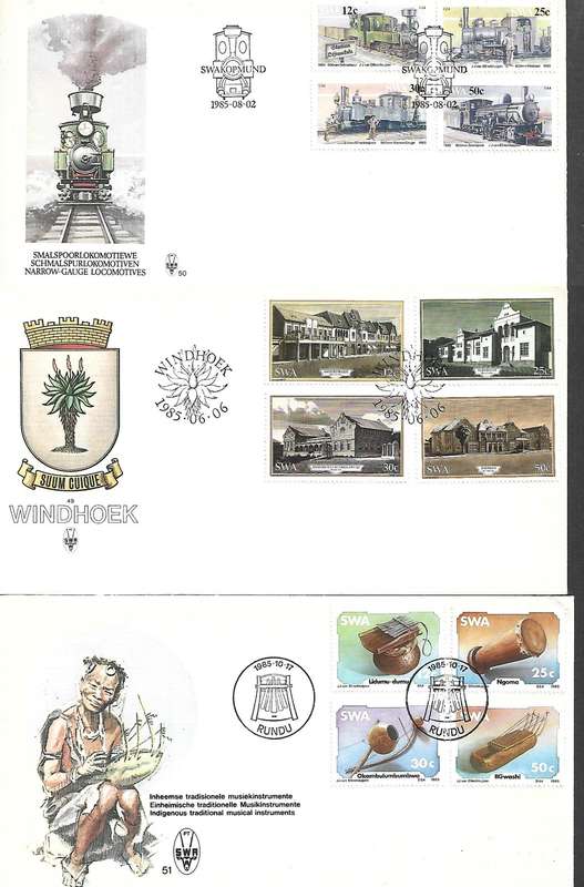 South West Africa,1985, Narrow Guage Locos, Windhoek buildings, Native Instruments, First Day Covers