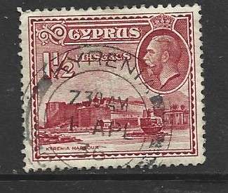 Cyprus GVR,  1934, 1 1/2 p, red, used KYRENIA 1 APL 36, c.d.s.