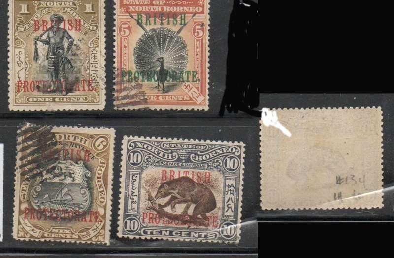 North Borneo, 1901, BRITISH PROTECTORATE opt, 1c, 5c, 6c remainders barred cancels, 10c MH *