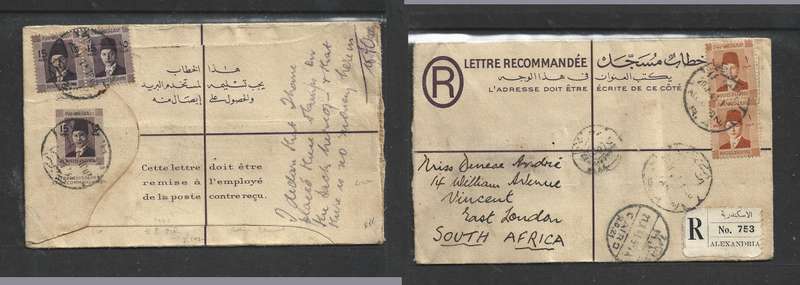 Egypt, 1940, 15 mills rare  registered envelope, comma removed, used ALEXANDRIA > S. Africa