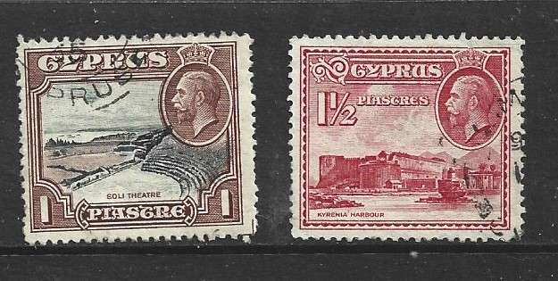 Cyprus GVR,  1934, 1/2p brown, 1 1/2 p, red, used