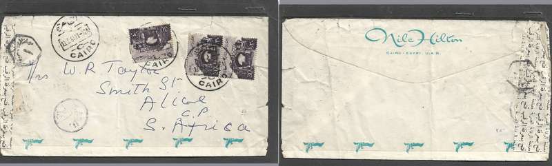Egypt, 1961, Nile Hilton envelope, 90m, CAIRO > S. Africa, censor label & 3 cachet in Arabic