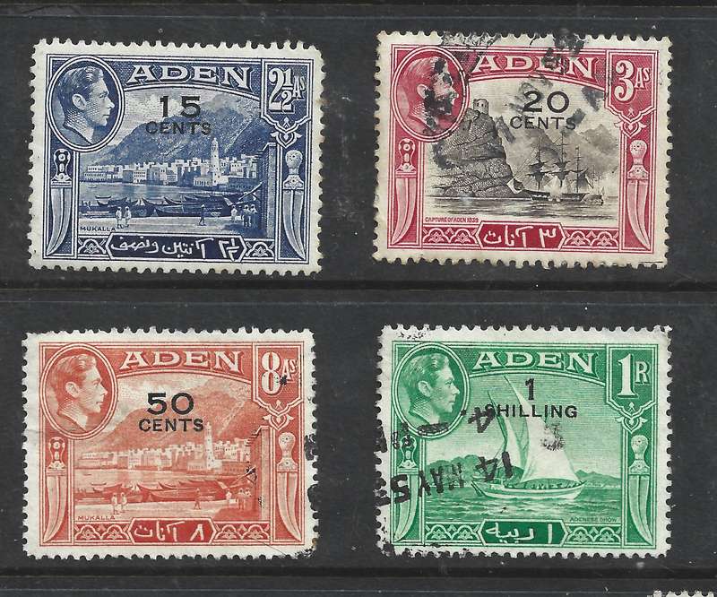 Aden GVIR 1951 new currency,15c, 20c,50c, 1/- used