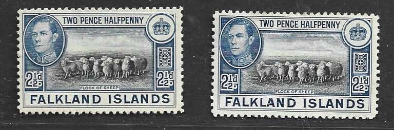 Falkland Islands  GVIR, 1938, 1949, 2 1/2d, black & bright blue, black & blue  MH *